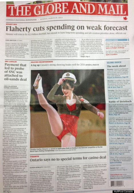 Front page of 'Globe & Mail', Monday March 18, 2013, with image of Kaetlyn Osmond.