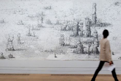 Installation view of a large drawing by Paul Noble
